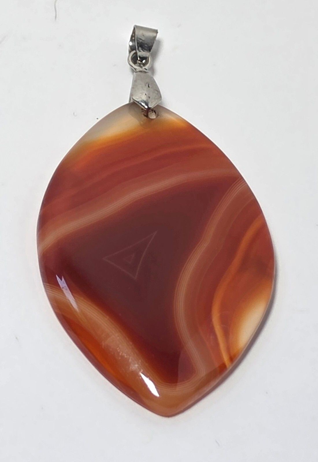 Natural 2″ Banded Carnelian Agate Pendant Orange Red Silver Tone Bail