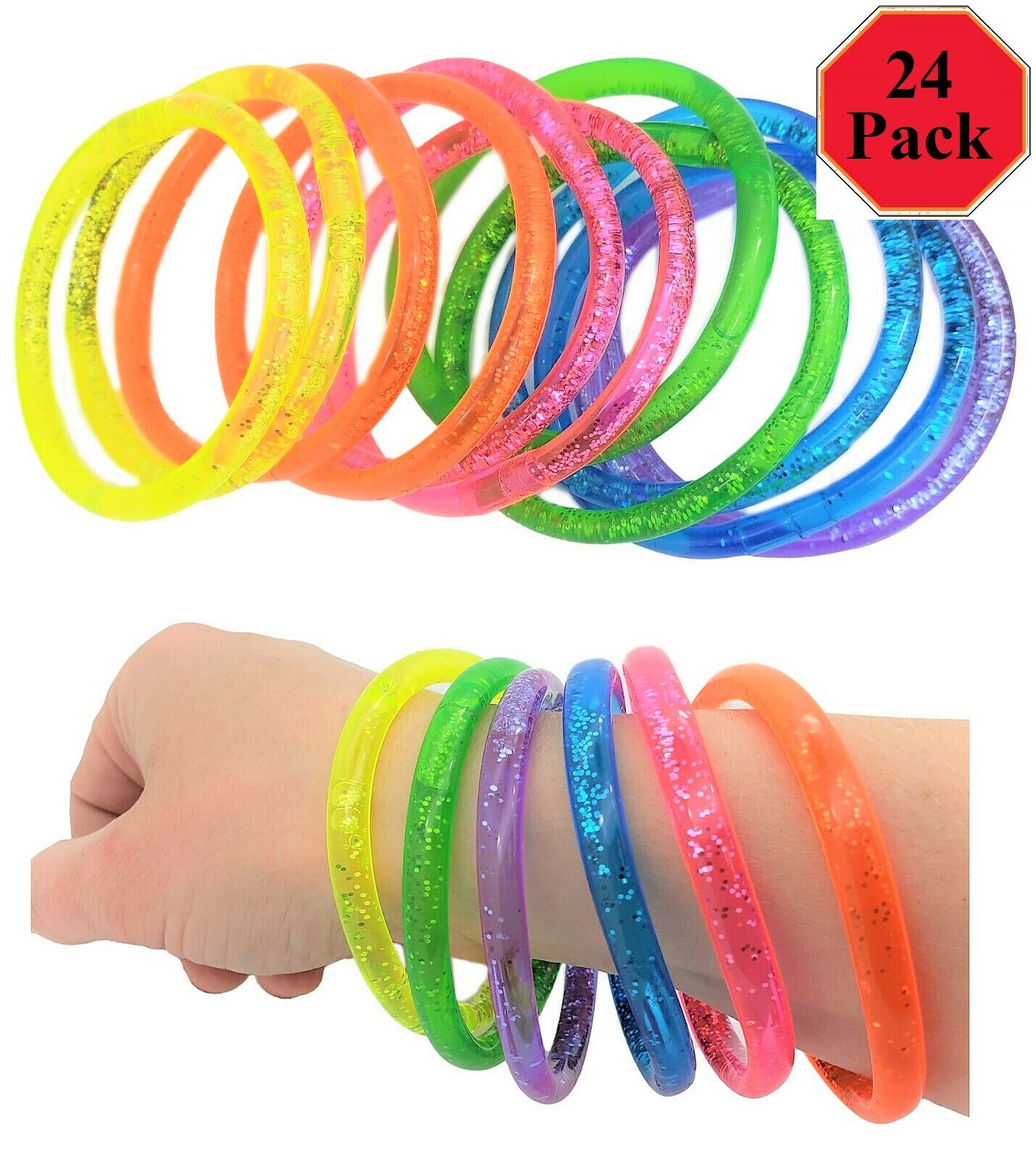 24 Pcs – Liquid Super Glitter Colorful Bracelet ( 6″ ) Bright Neon Colors.