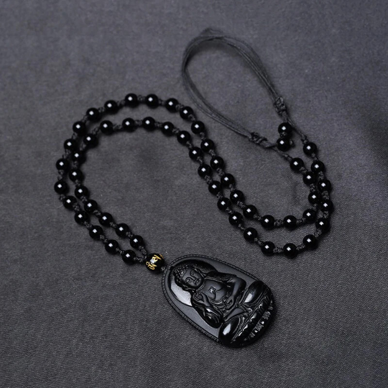 1PC Pendant Necklace Black Obsidian Carved Buddha Statue Luck Talisman Gift
