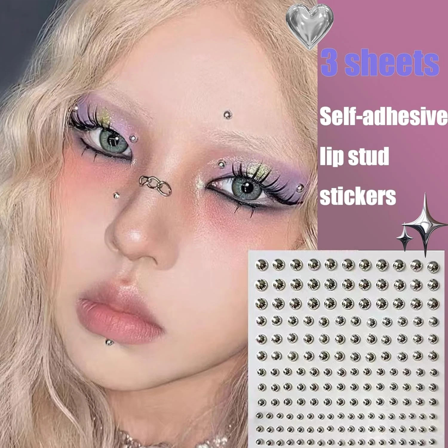 180pcs Face Gems Lip Stud, Fake Piercing Nose Stud Eyebrow Sliver