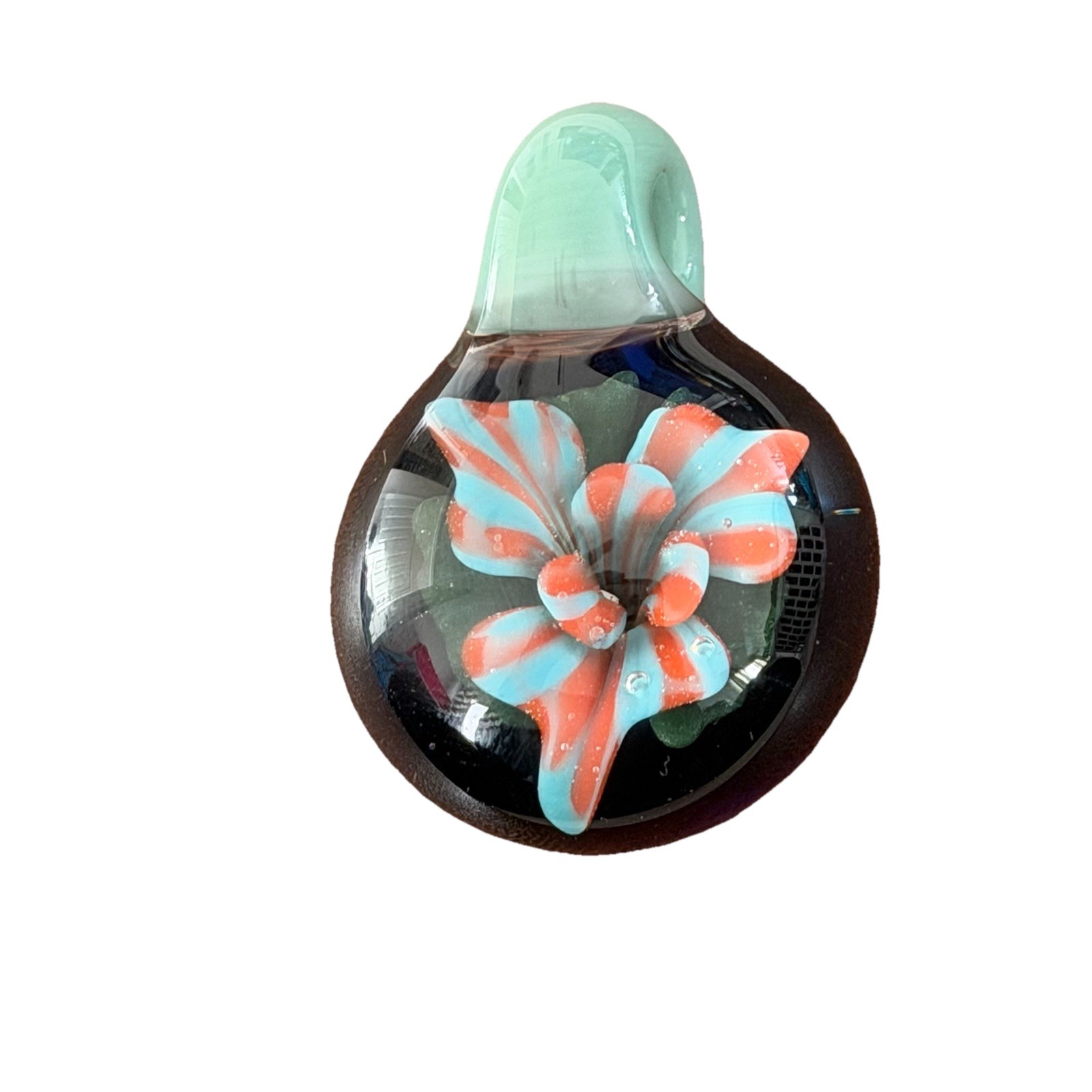 Handblown Glass Pendant Floral Flower Teal Green Orange Blue Unique