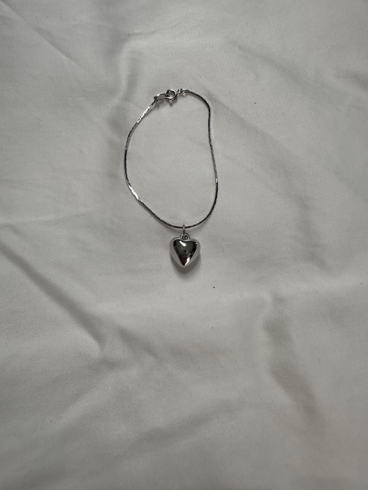 Silver Heart Charm Pendant Snake Chain Bracelet Spring Ring Clasp 7inch