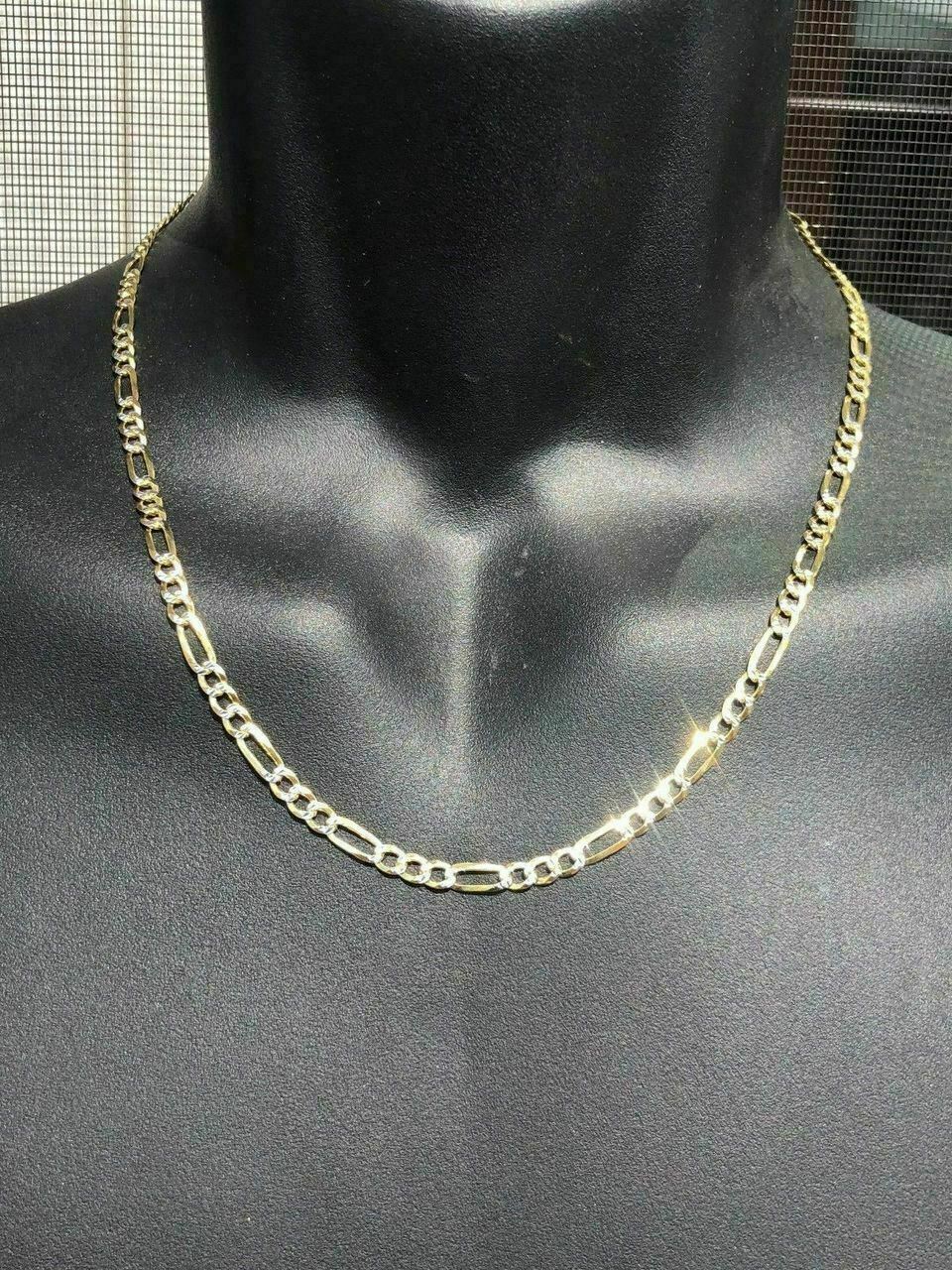 Figaro Chain Two Tone 14k Gold Plated Solid 925 Silver Diamond Cut Men Women 4mm