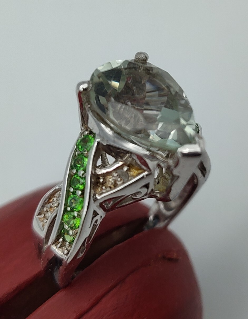Vintage Very Light Green Pear Stone Sterling Silver Filigree STS 925 Ring Size 7