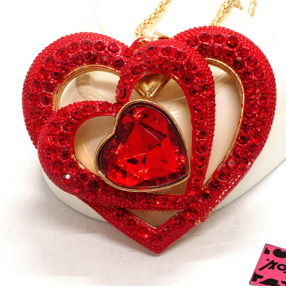 New Fashion Women Red Crystal Bling Three Hearts Love Pendant Chain Necklace