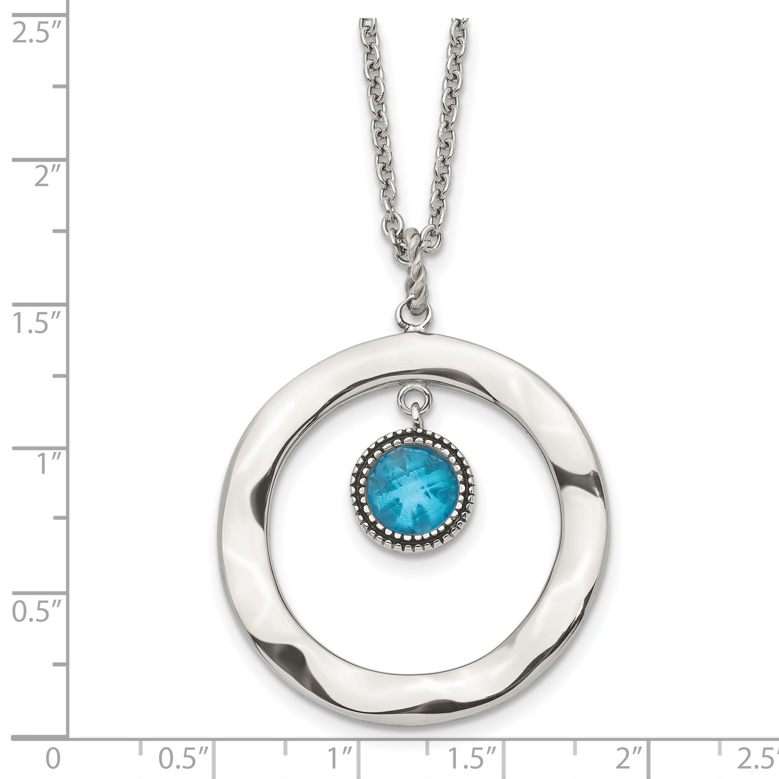 Stainless Steel Polished Blue Glass Circle 2 Inch Extension Necklace