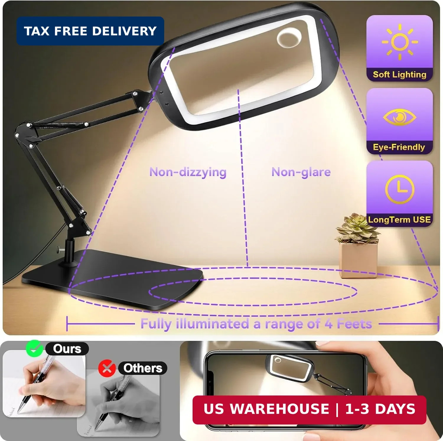 10X 30X Magnifying Glass with Light & Stand 7in LED Desk Lamp Reading Craft
