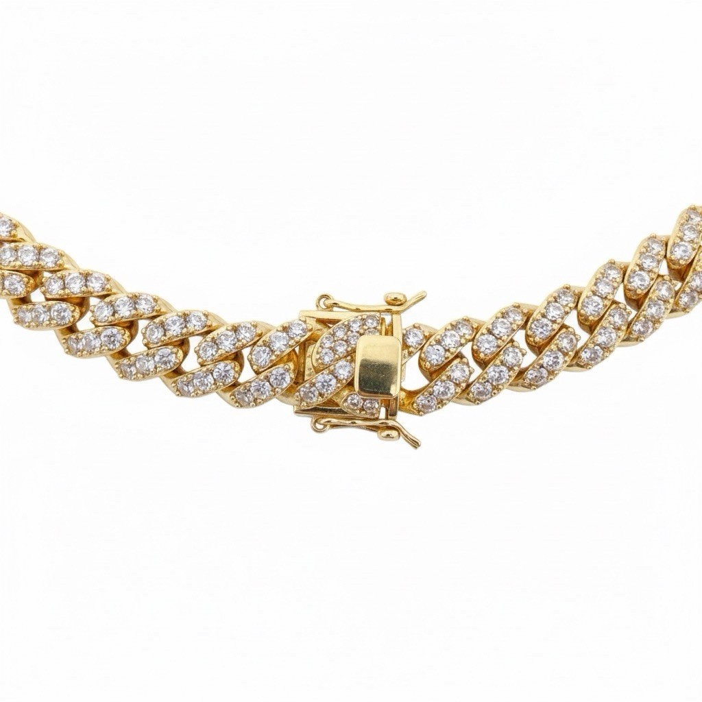 Gold Miami Cuban Link Chain 20in 12mm with Man Made Diamonds 14k Gold Over Steel