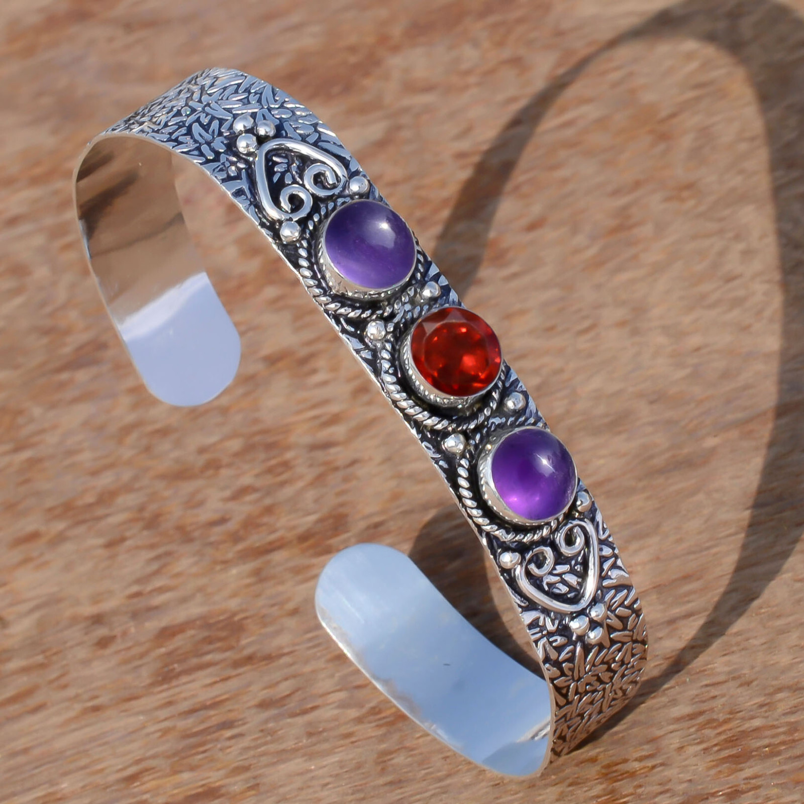 Amethyst & Red Garnet Cut Gemstone 925 Sterling Silver Bangle Girl’s Wear Cuff