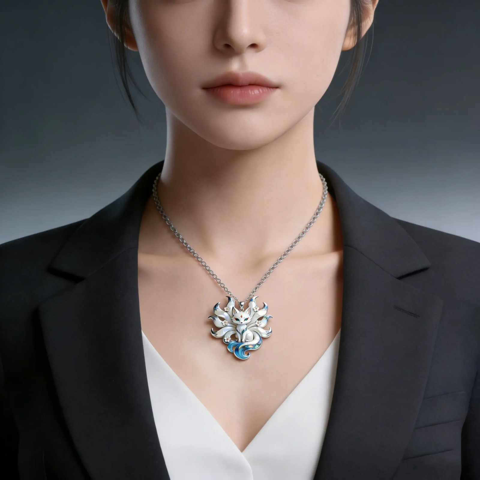 Chinese Style Nine tailed Fox Enamel Pendant Necklace Cute Aesthetic Trendy Gift