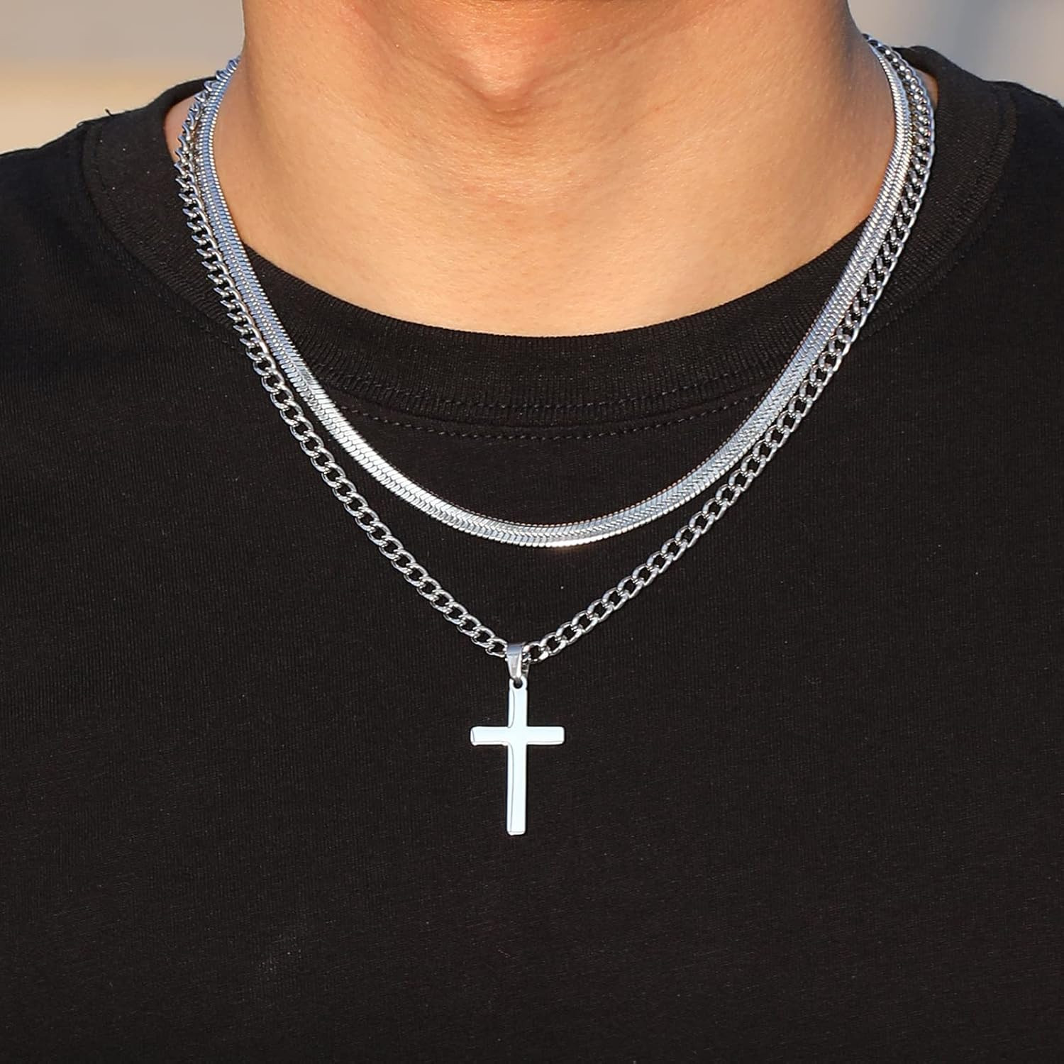 Cross Necklace for Men Boys, Stainless Steel Layered Cuban Link Herringbone Chai