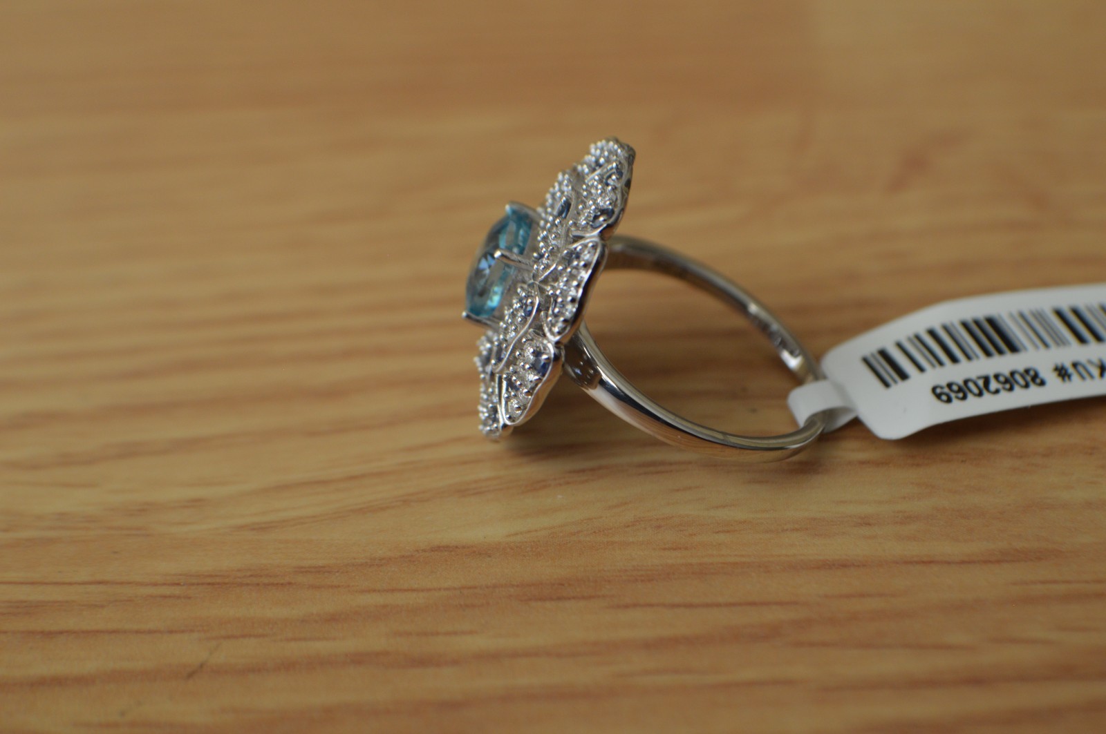 4.10ct Cambodian Blue Zircon /Multigem Ring Rhodium Plated over Fine Silver Sz 9