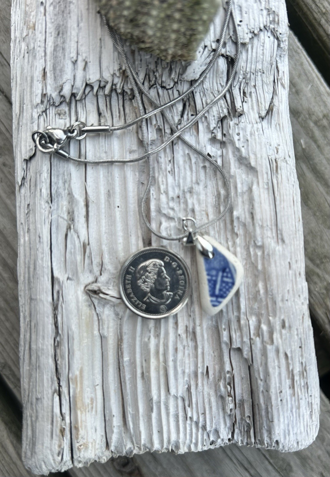 Genuine Pottery Sea Glass Necklace Stainless Steel Snake Chain 18 Inch