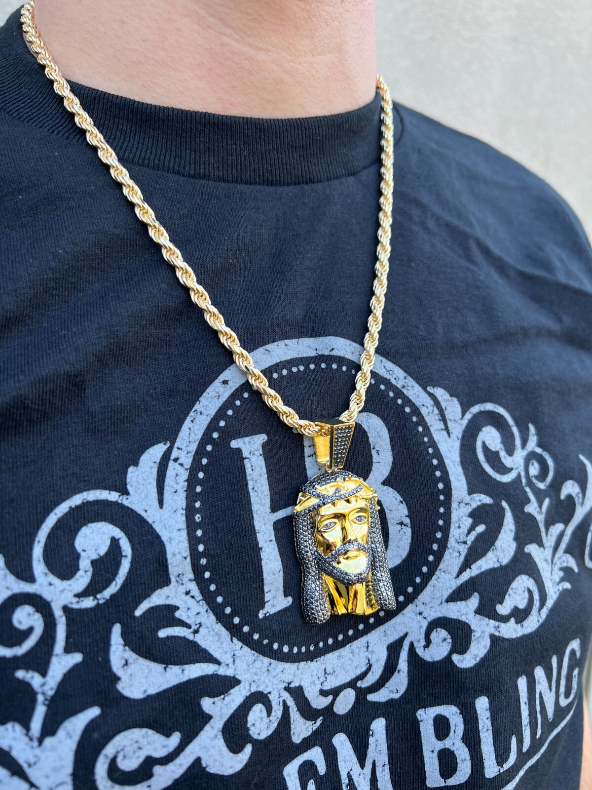 Black MOISSANITE 14k Gold Vermeil 925 Silver Iced Jesus Piece Pendant Necklace
