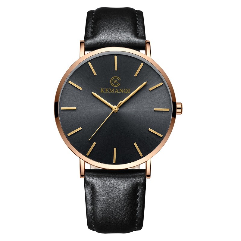 Men Trendy Ultra Thin Minimalist Watch Slim Leather Strap Stainless Steel Quartz