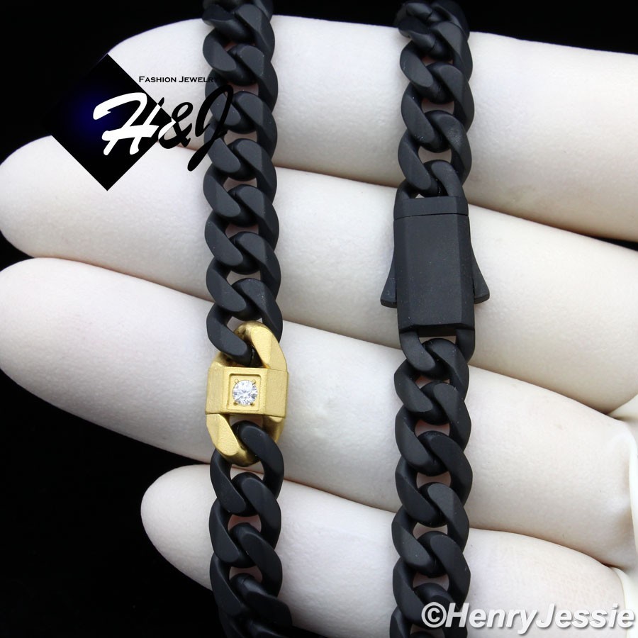20″Stainless Steel 7mm Matte Black/Gold Plated CZ Miami Cuban Curb Necklace*N176