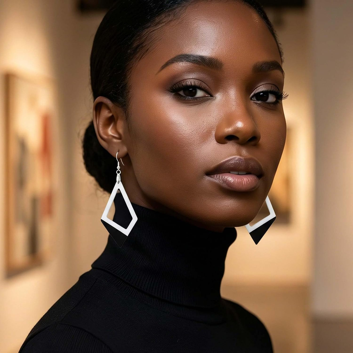 Black White Drop Earrings for Women Rectangle Hollow Geometric Long Dangle Earri