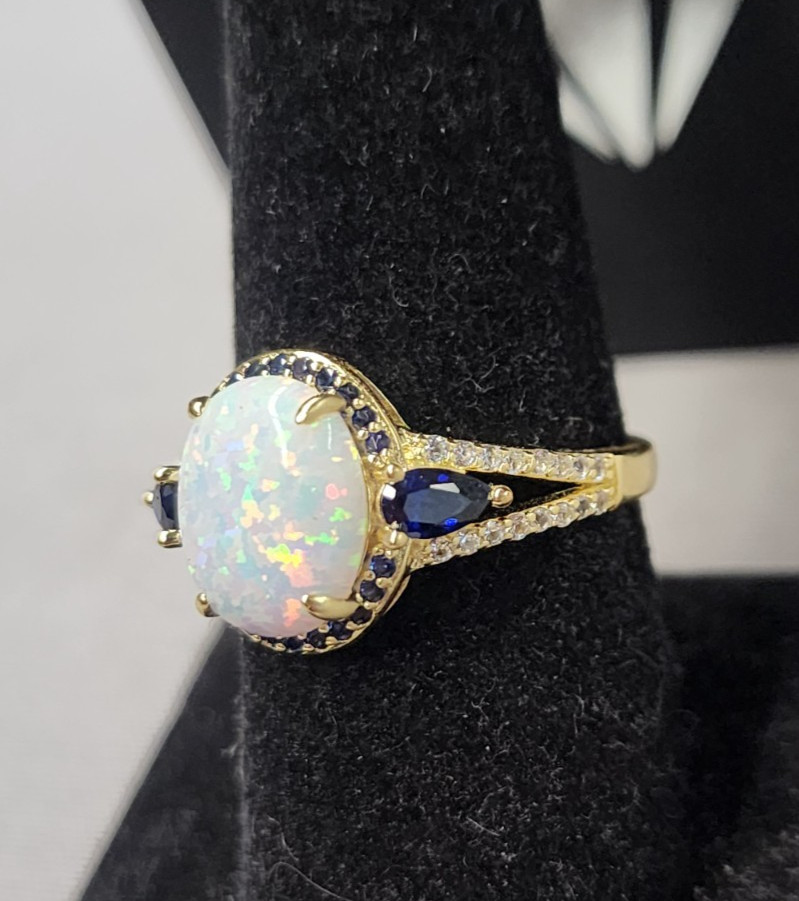 Fuzion Creations Gold Tone Lab Grown Opal, Lab Grown Sapphire Cocktail Ring sz 8