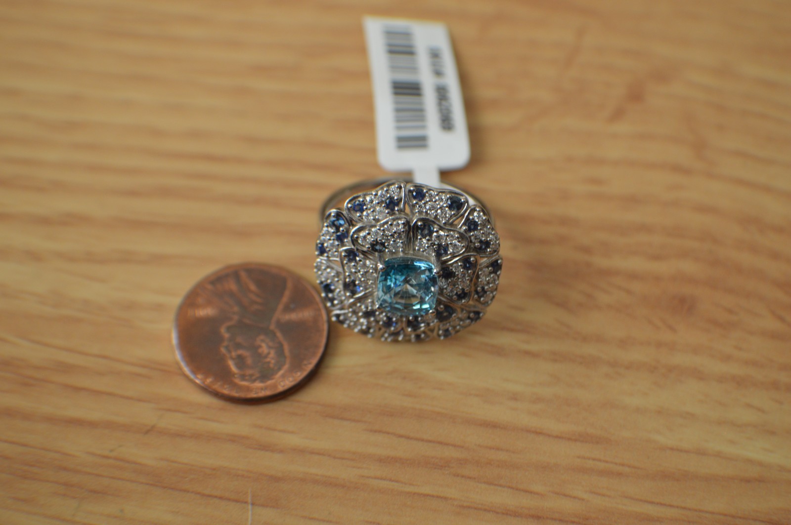 4.10ct Cambodian Blue Zircon /Multigem Ring Rhodium Plated over Fine Silver Sz 9