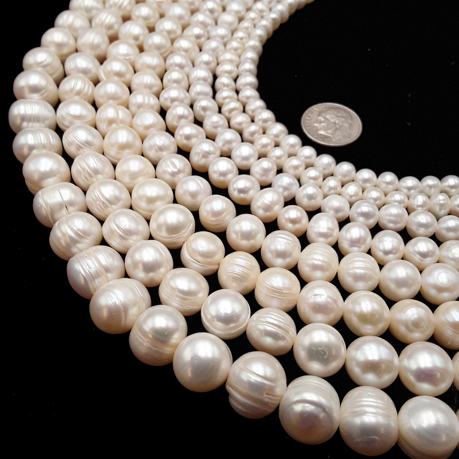 Fresh Water Pearl White Ringed Potato Round Beads 5mm 6mm 8mm 10mm 12mm 14”Strd