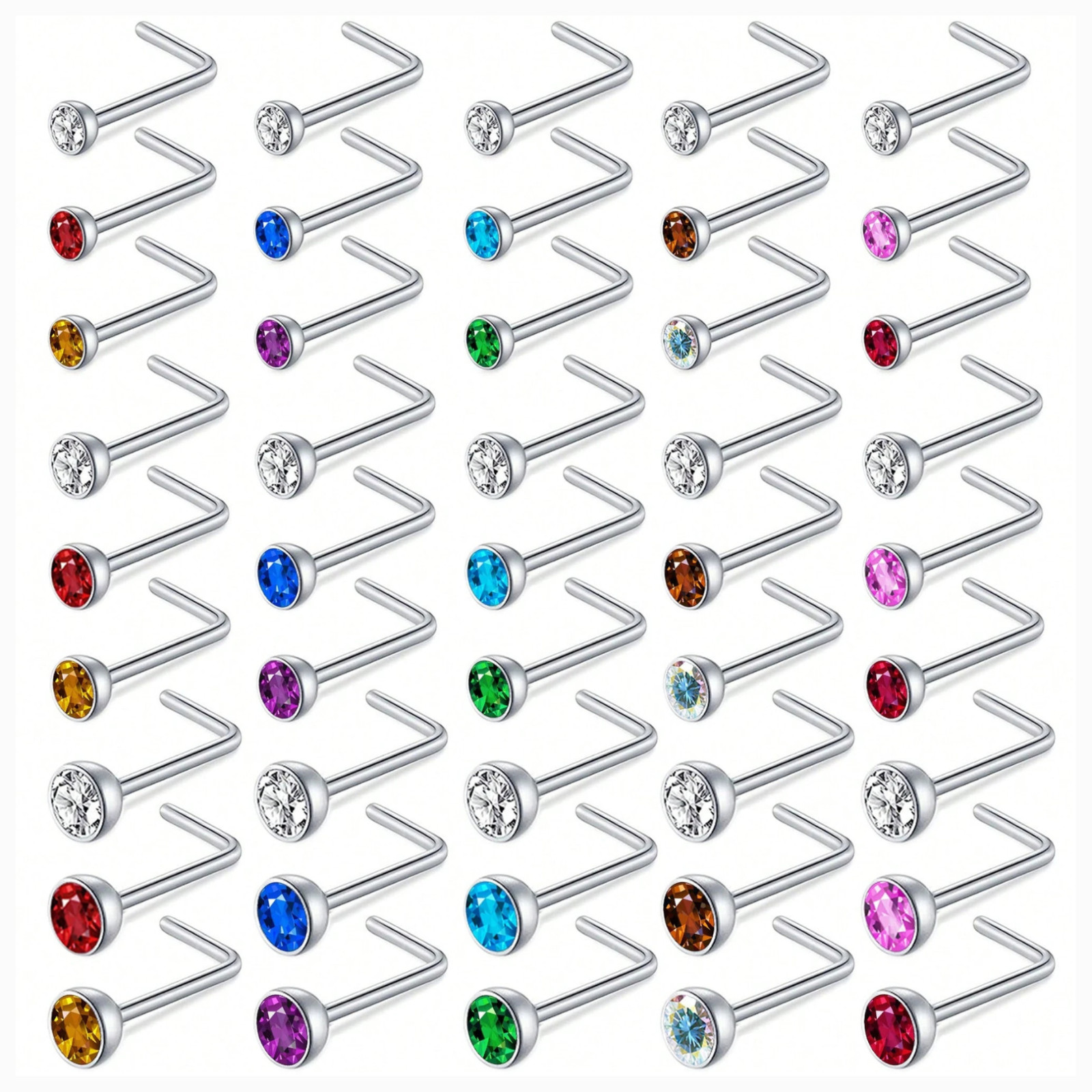 45pcs Stainless Steel Women Nose Rings 20g L-shaped Nose Studs Piercing Jewelry