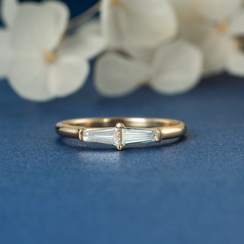 Tapered Baguette Cut Lab-Created Diamond Geometric Ring Unique Mini Gift for Her