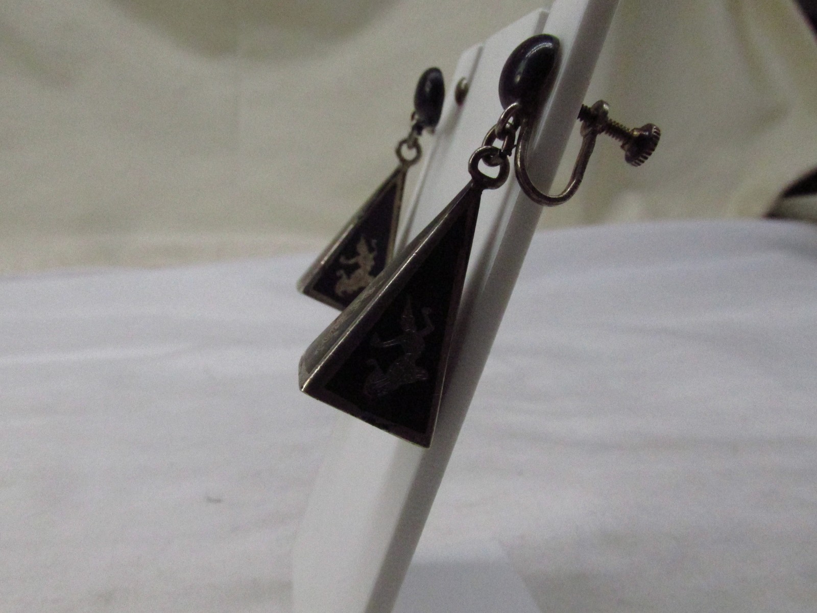 Siam Sterling Silver Black Enamel Dancer Drop Screw Back Earrings 1.5 x .5″ #718