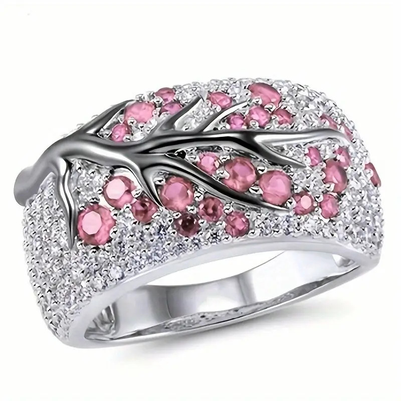 Tree Of Life Ring Full Of Shiny Zircon Elegant Alloy Ring – New – Pink Size 9