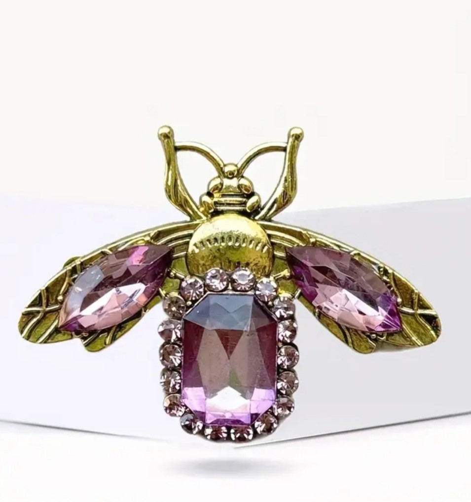 VTG DARK ROYAL PURPLE BEE INSECT BUG BROOCH PIN~RHINESTONE CRYSTAL~GARDENER GIFT