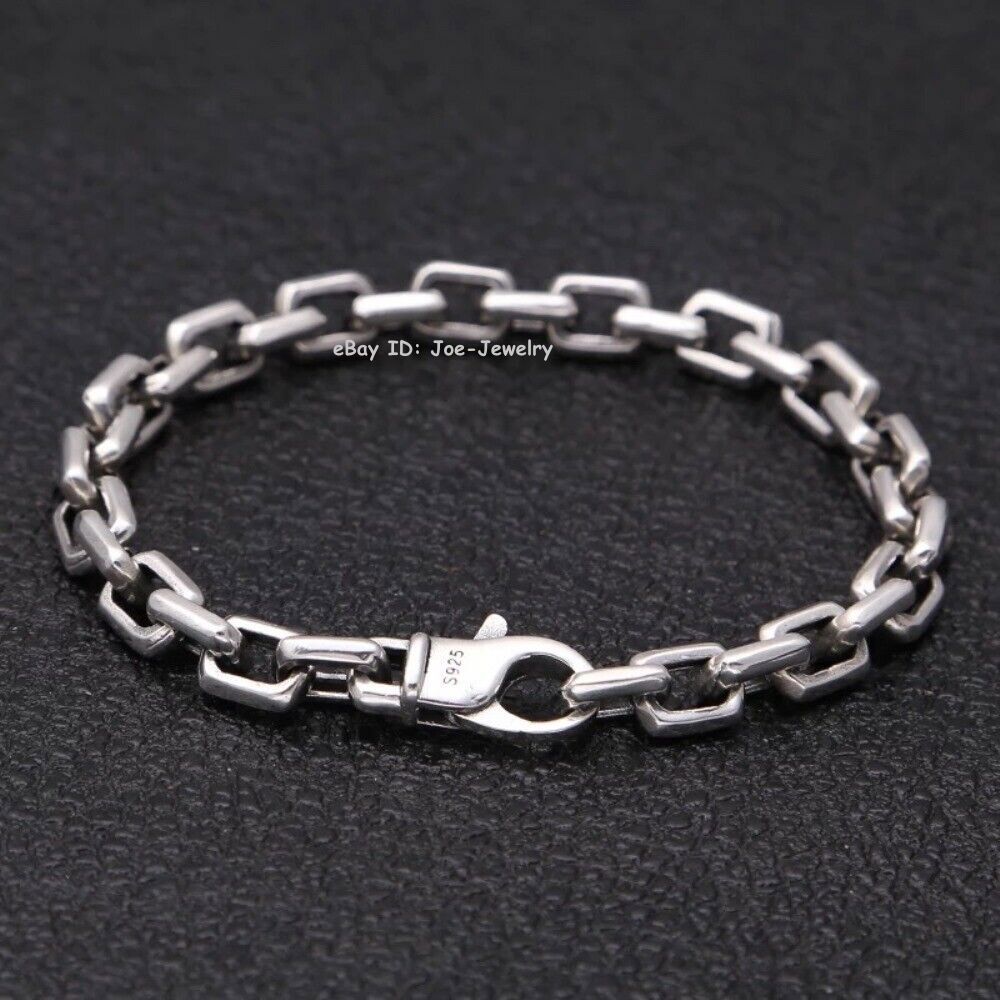 Real 925 Sterling Silver Men’s Bracelet 7mm Rectangle Cable Link 7.87inch