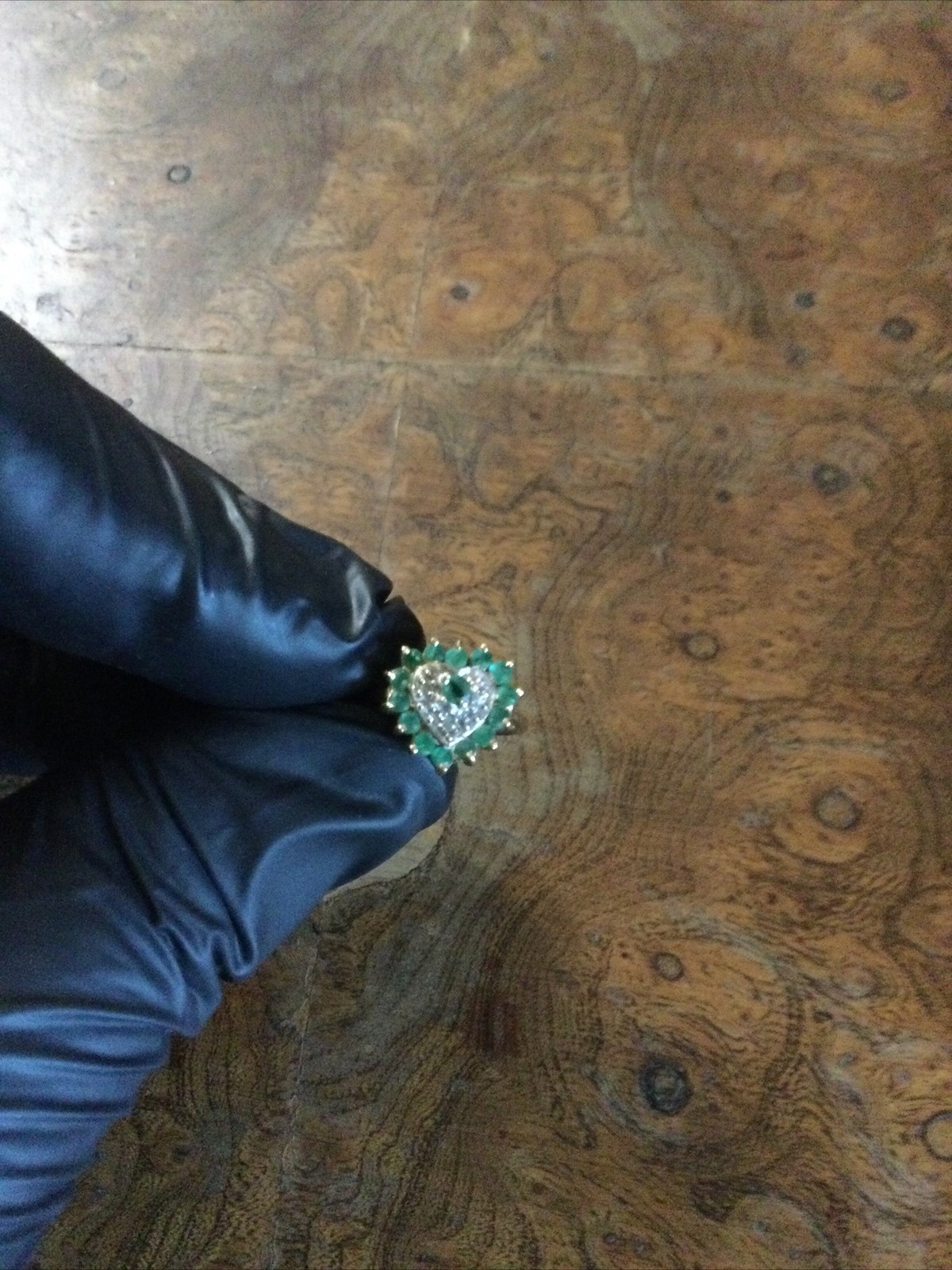 10kt Yellow Gold Heart Shaped Ring W/ Emeralds & Diamond Chips 4.25