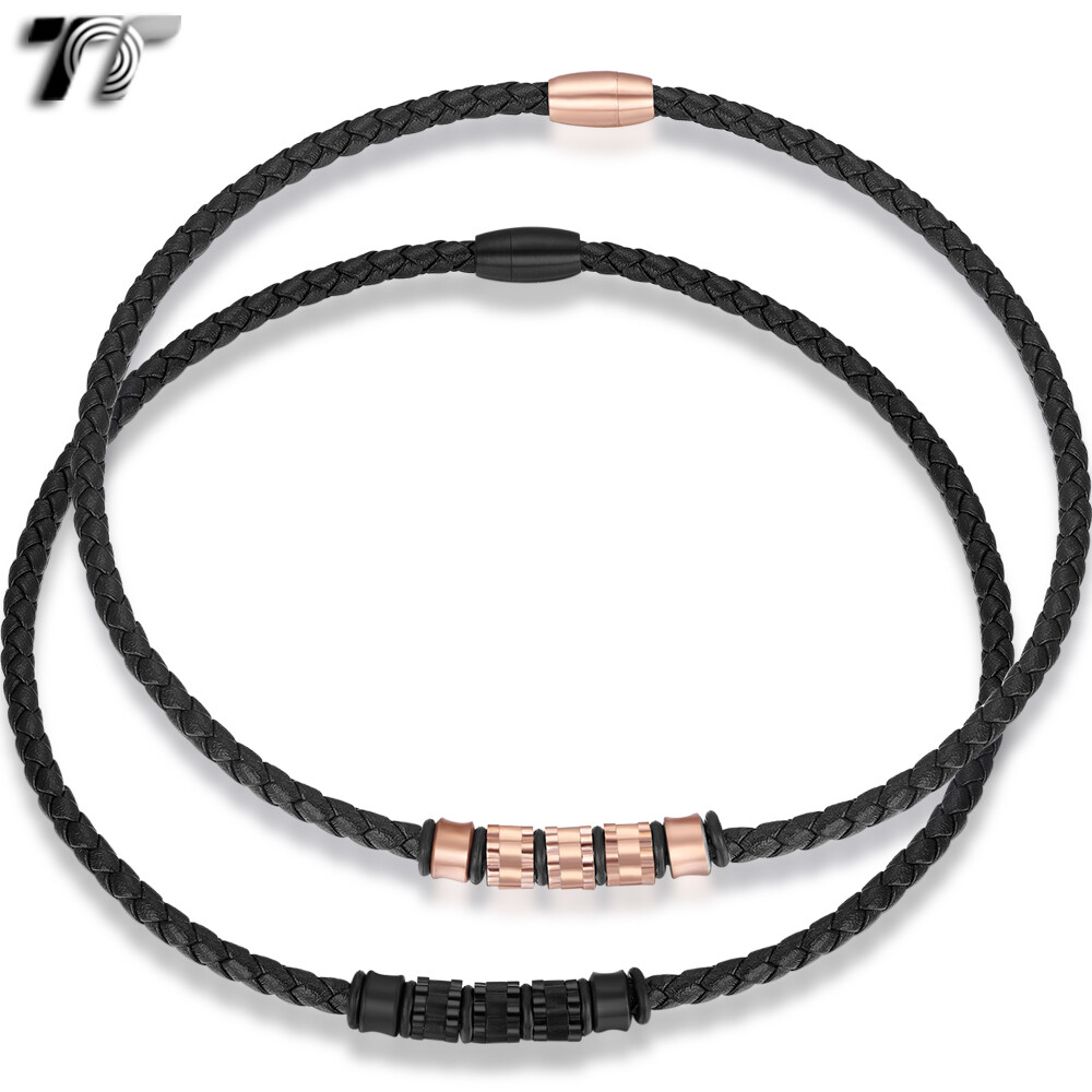 TT 6mm Black Leather Bead S.Steel Magnet Buckle Collar Necklace (CL25)2023 NEW