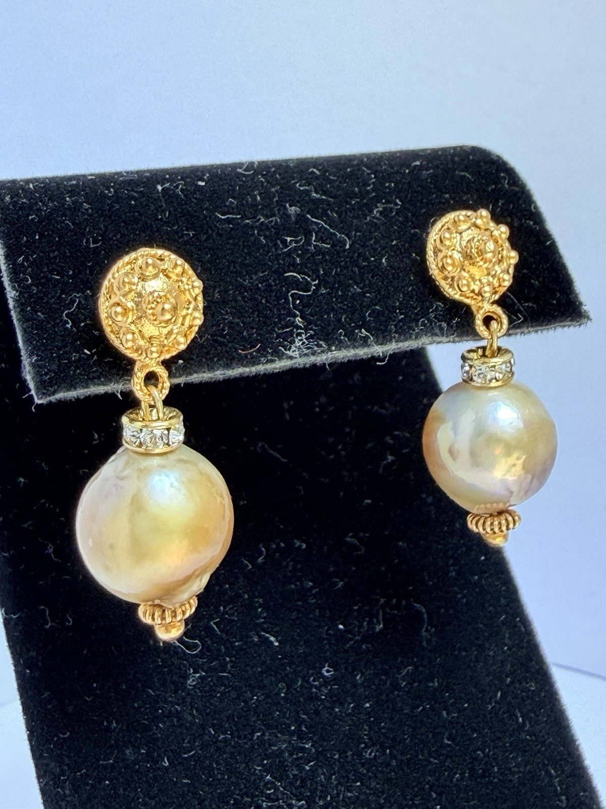 Lustrous Freshwater Baroque 12mm Champagne Pearl Vermeil Drop Earrings with Cz