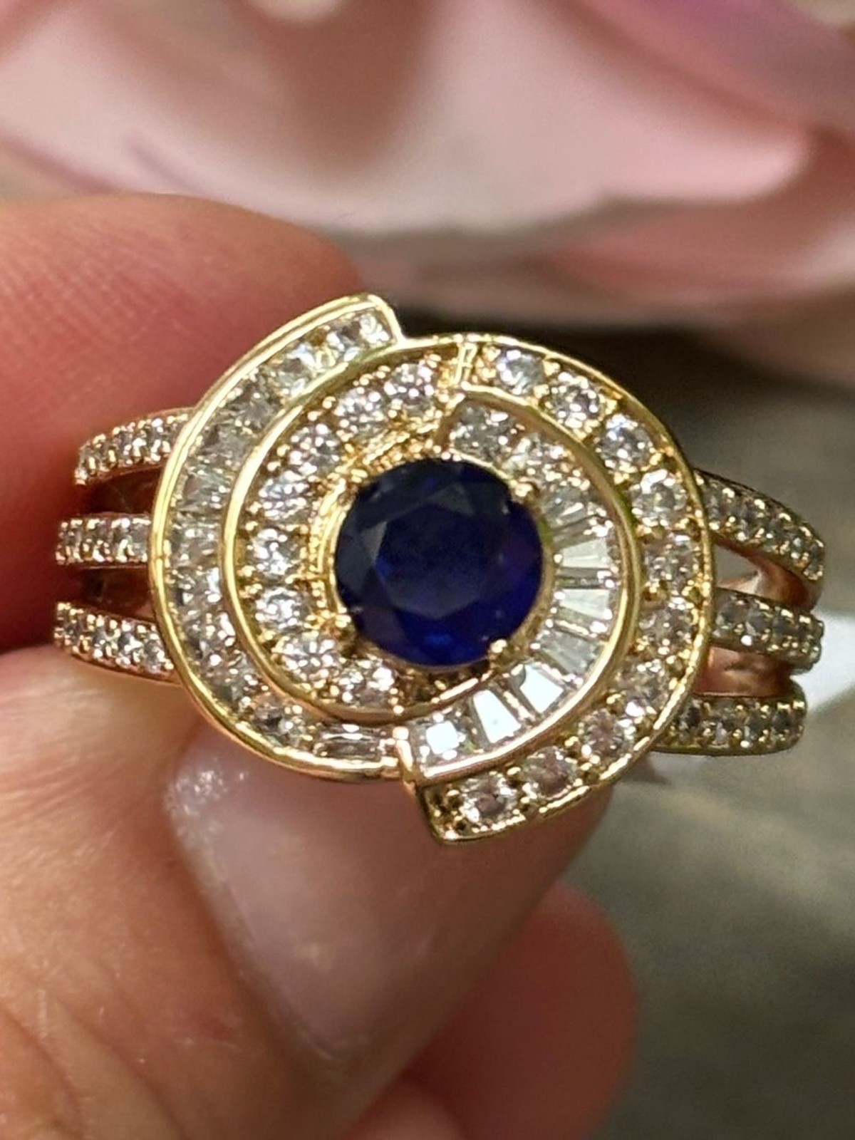 Bomb Party Gold and Blue Sapphire Halo Cocktail Ring – Size 9