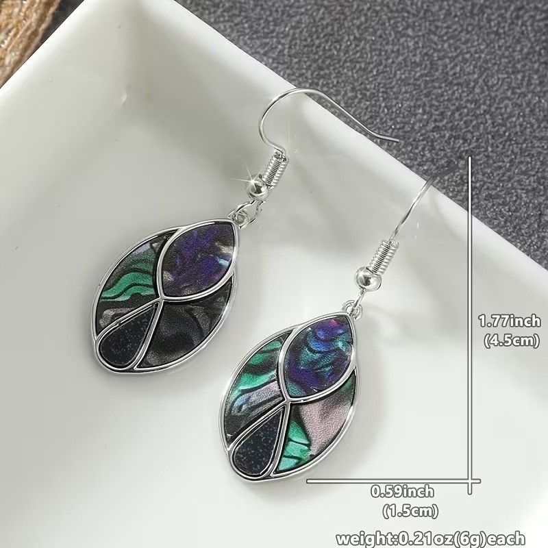 Faux Abalone Shell Black Inlay Drop Earrings Silver Tone Iridescent 1.77″