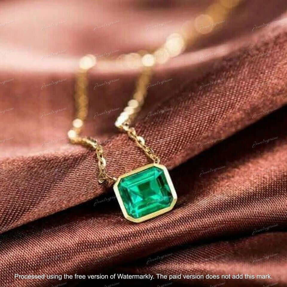 Asscher Cut 2Ct Lab Created Green Emerald Pendant Necklace 14K Yellow Gold Over