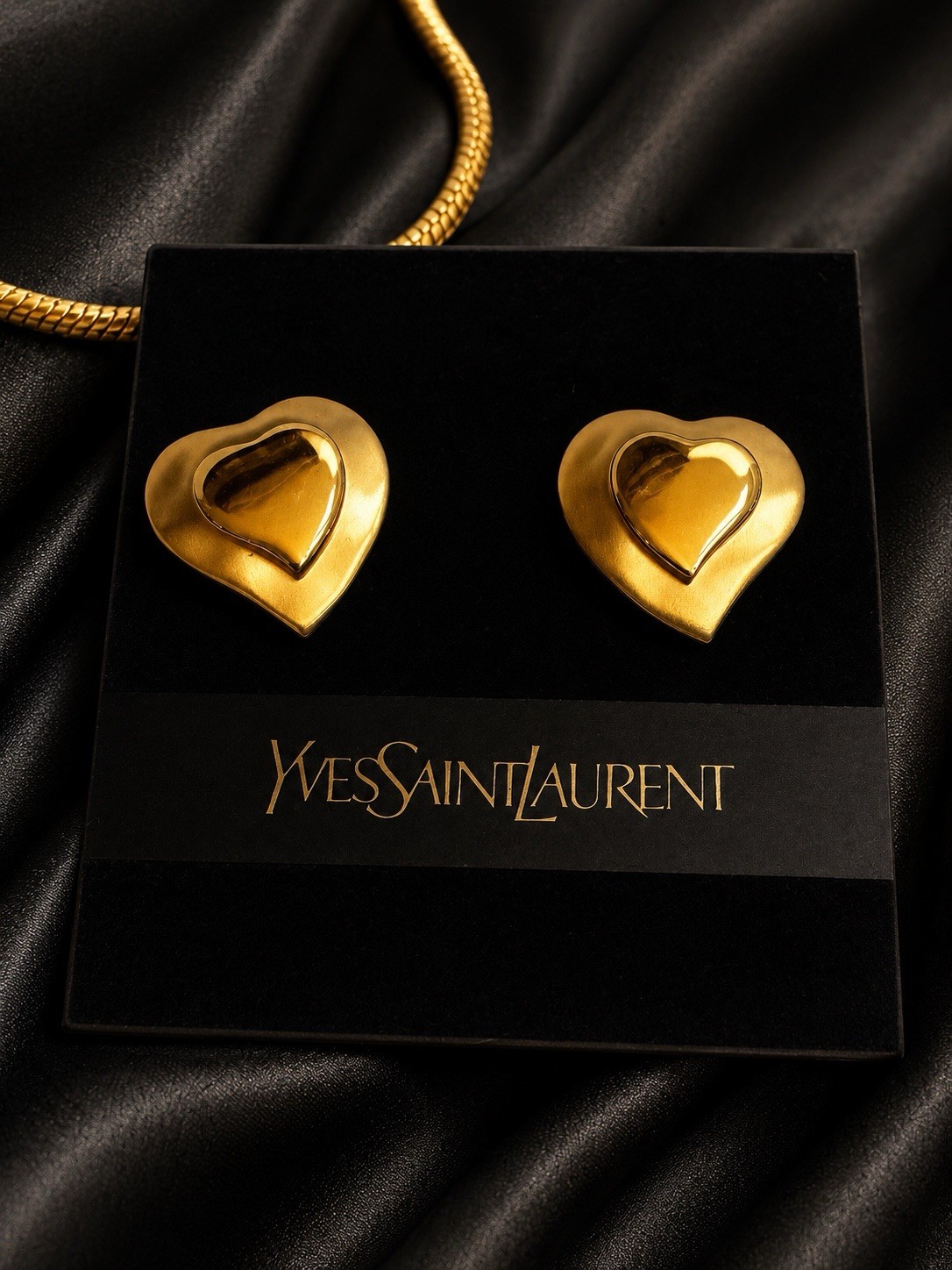 Vtg Yves Saint Laurent YSL Gold Baroque Heart Necklace And Earring Set NWT