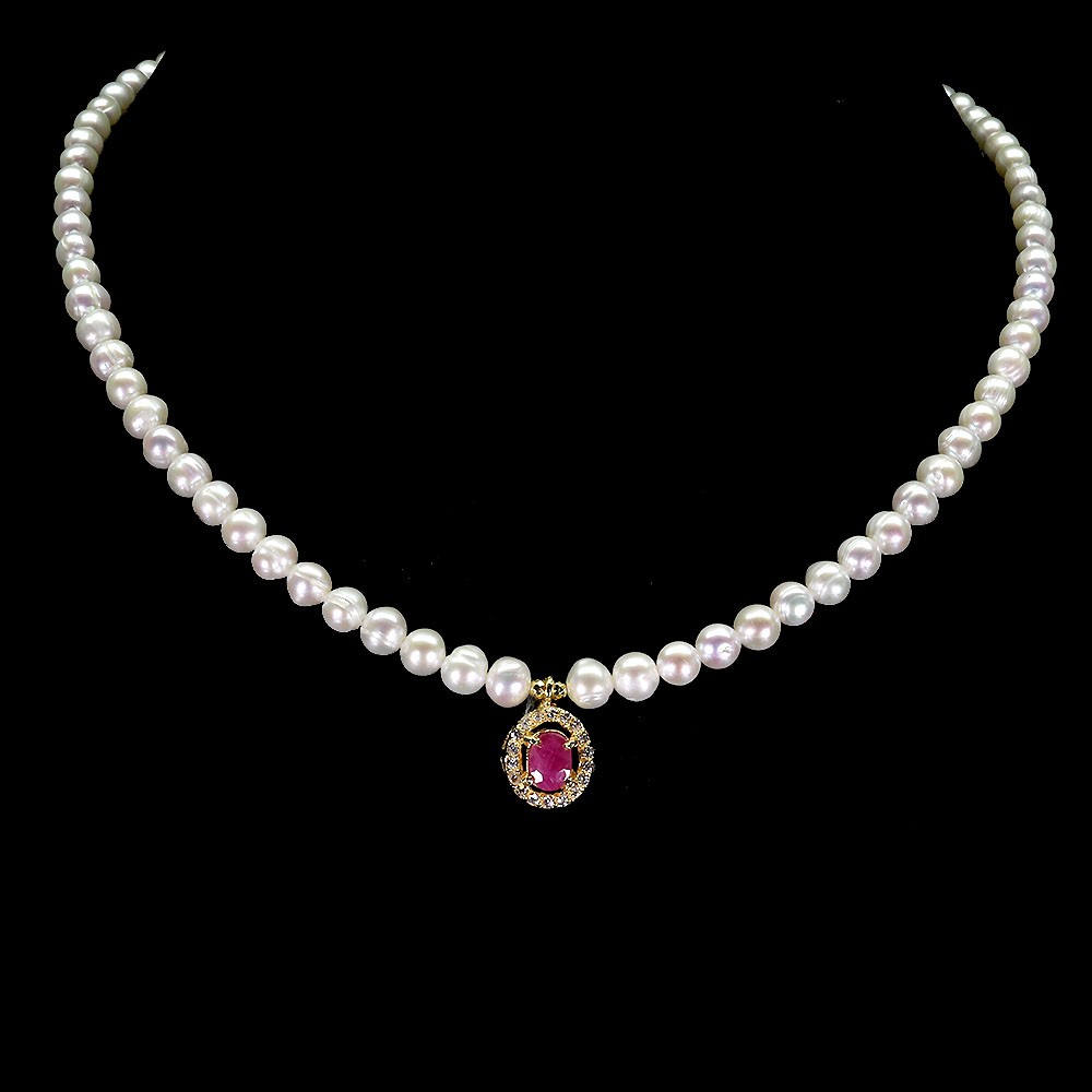 925 Sterling Silver Necklace Oval Ruby 7x5mm Pearl Gemstone Jewelry 17 Inches