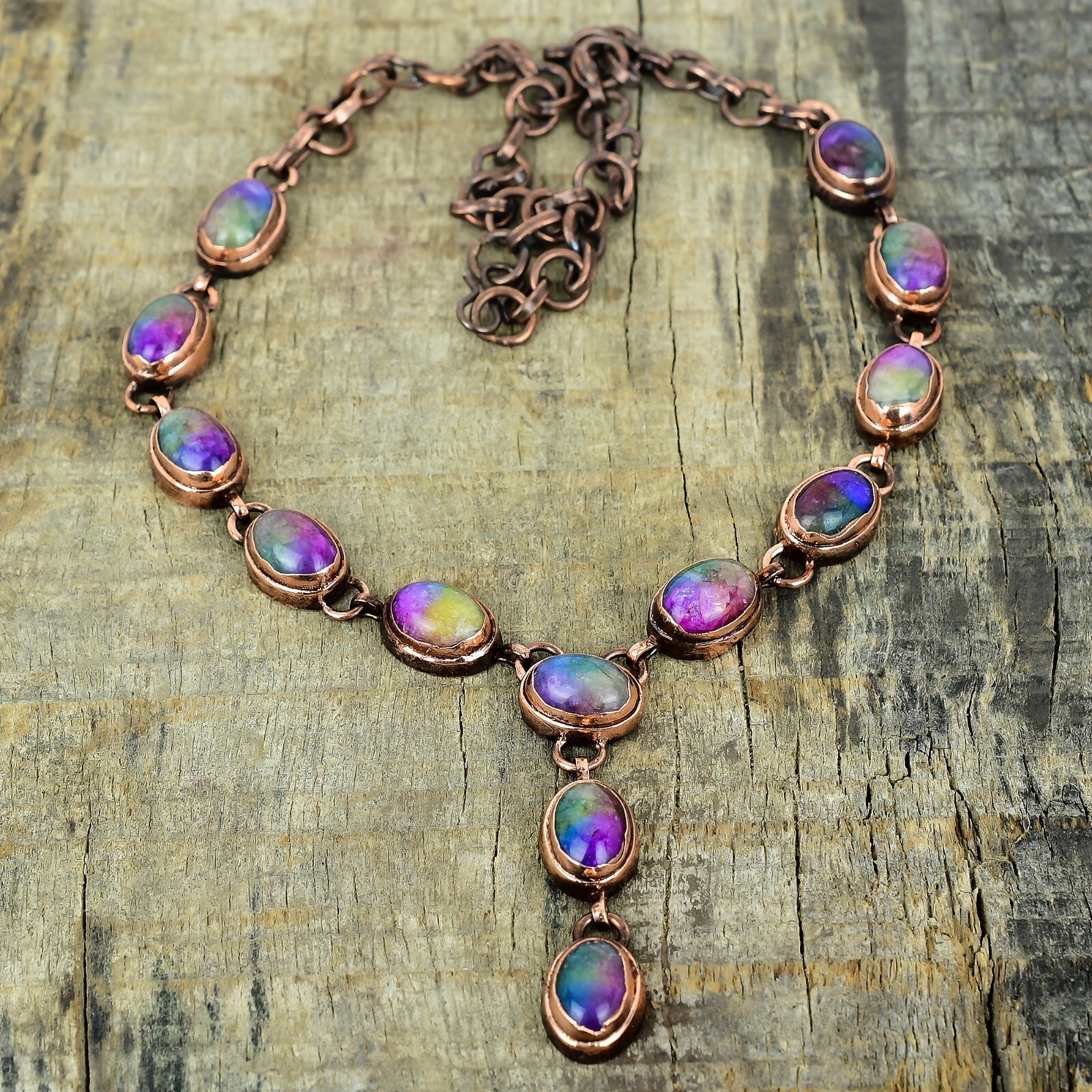 Natural Rainbow Solar Quartz Druzy Electroformed Chain Necklace Jewelry Copper