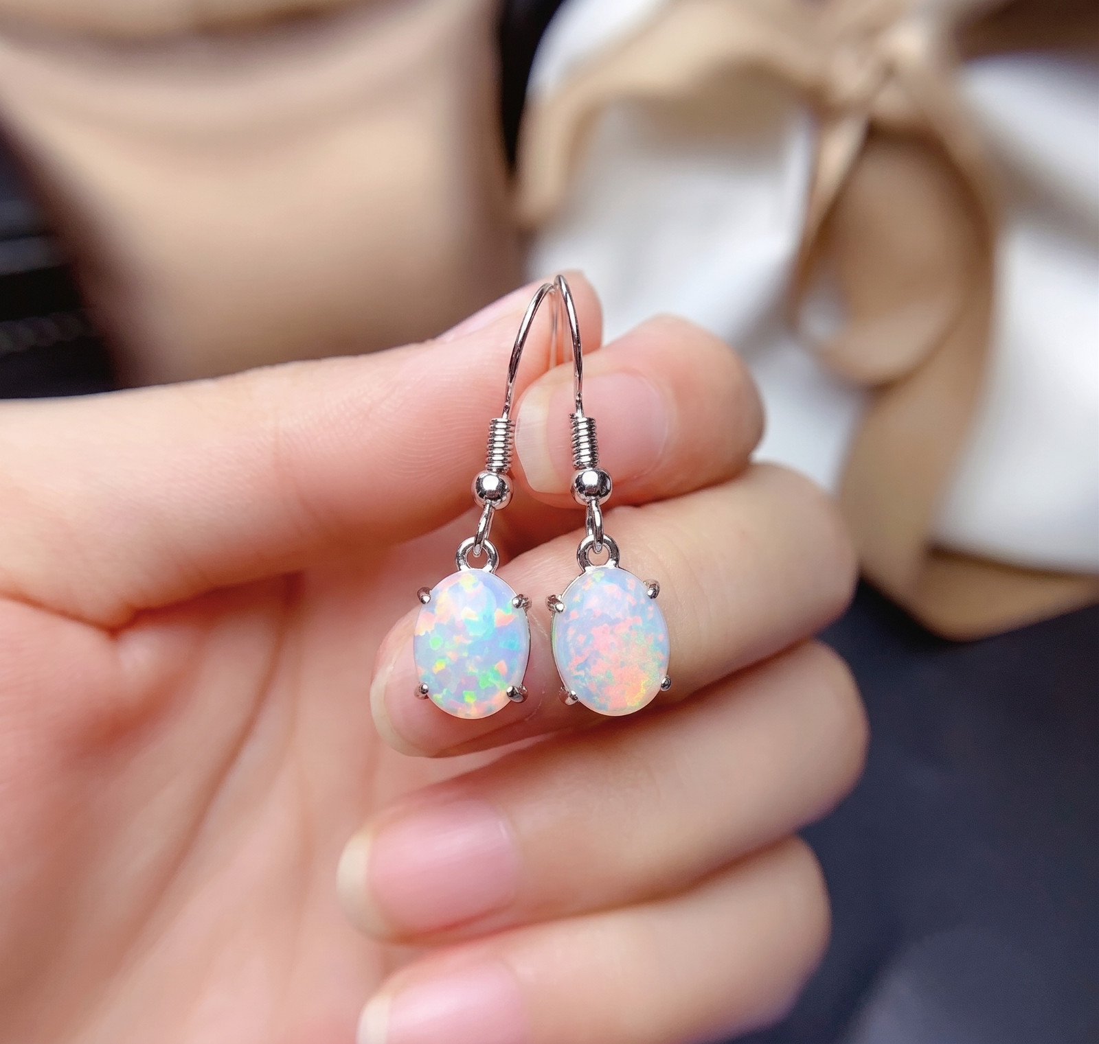 White Opal Dangle Earrings Sterling Silver Plated Fire Opal Drop Earrings