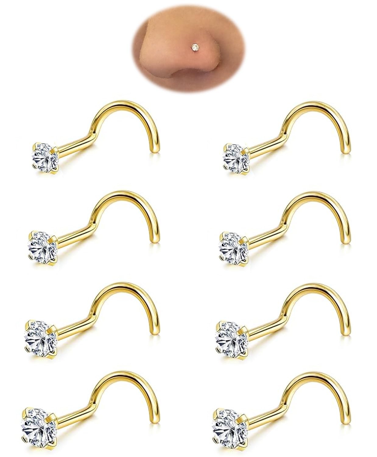 Gold Nose Rings Studs Set for Women Men 8Pcs 20G 316L Surgical Stainless Stee…