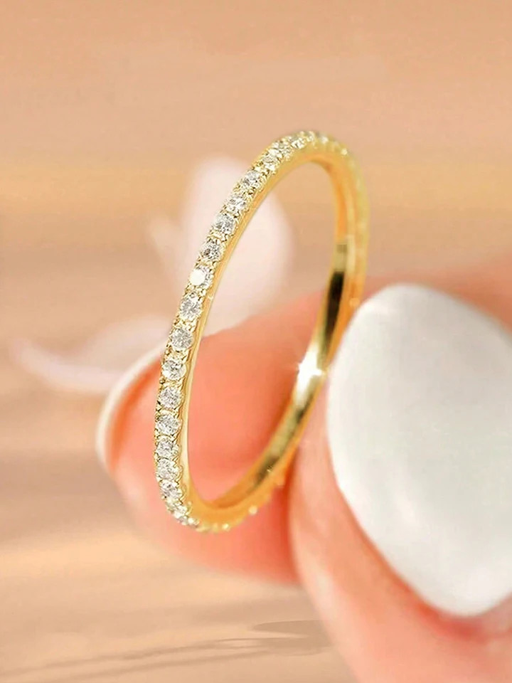 Stackable Plain Ring 925 Sterling Silver 1.4mm Full Zircon Wedding Band Jewelry