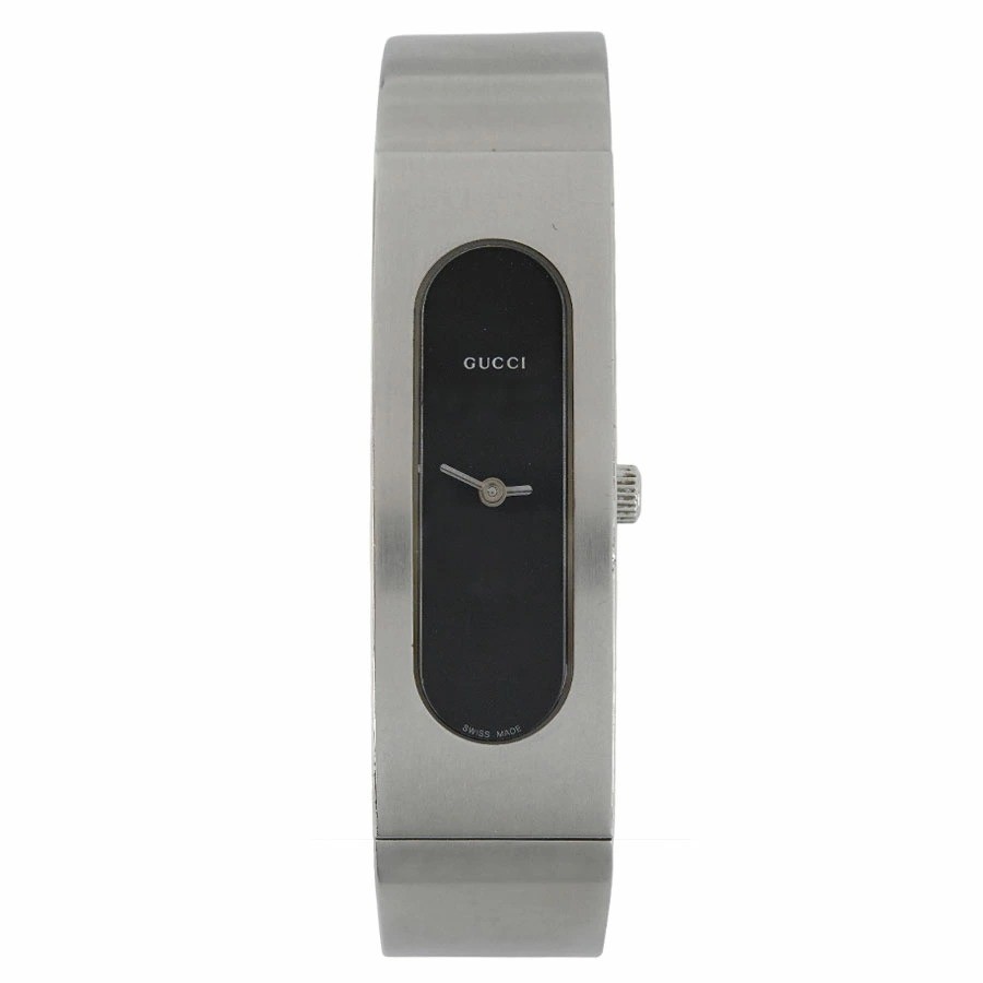 GUCCI 2400S Bangle Watch Quartz Silver Stainless Steel Black Dial Very Good