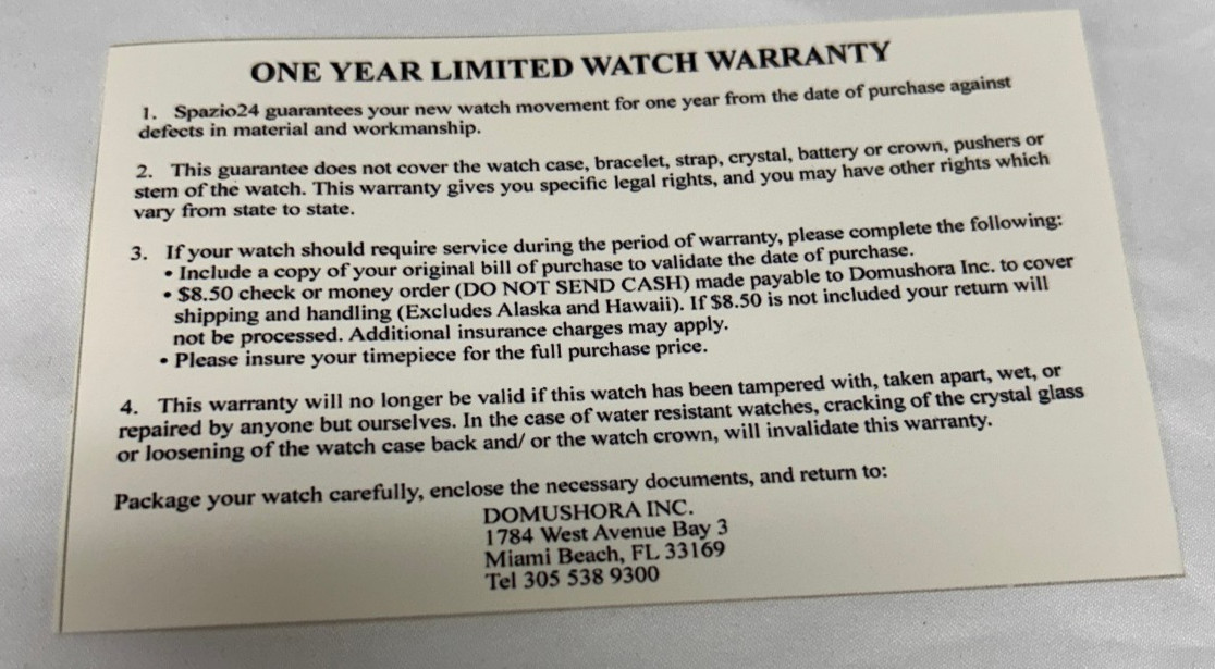 Spazio24 One Year Limited Watch Warranty