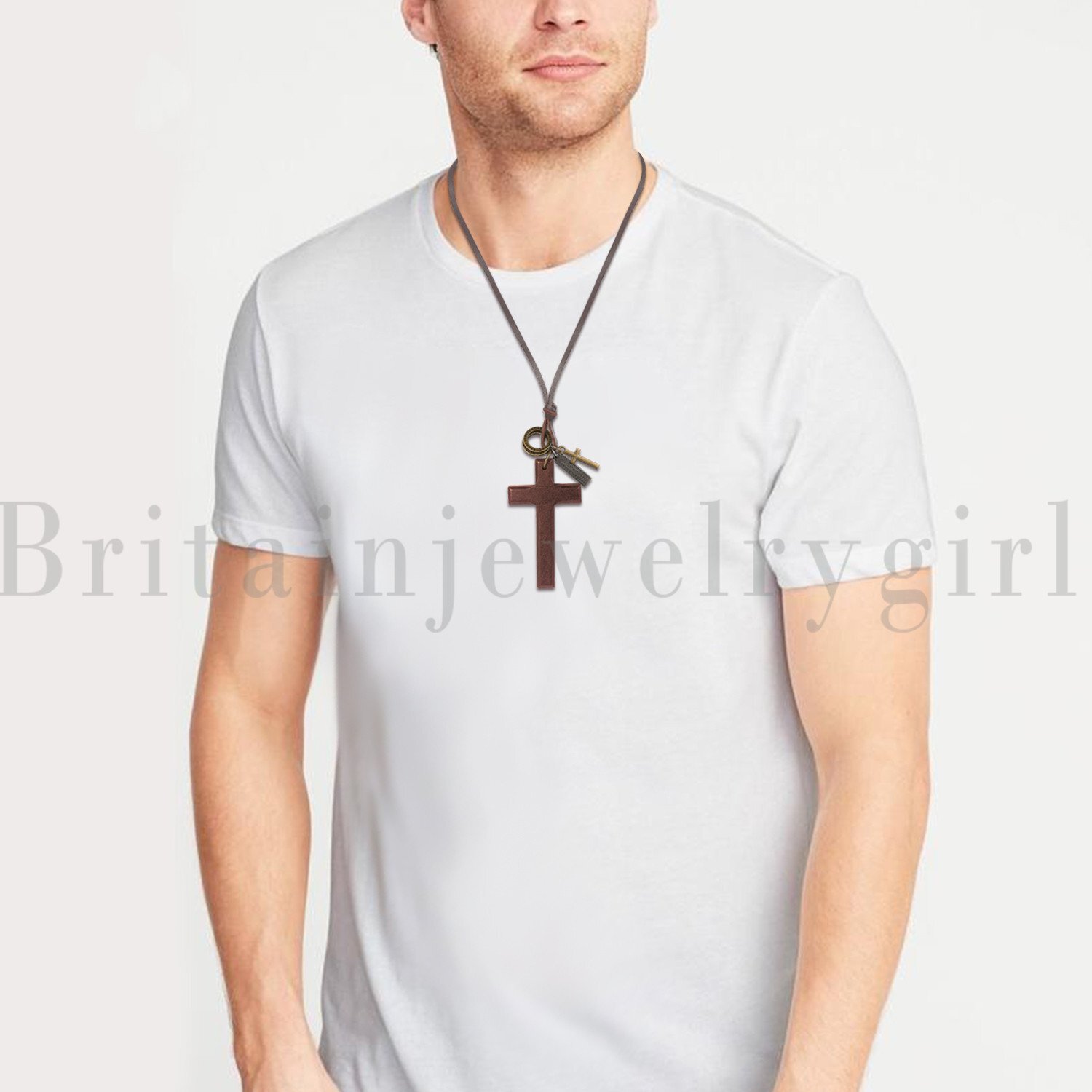 Flongo Vintage Wooden Cross Pendant Leather Rope Necklace Adjustable Men Women