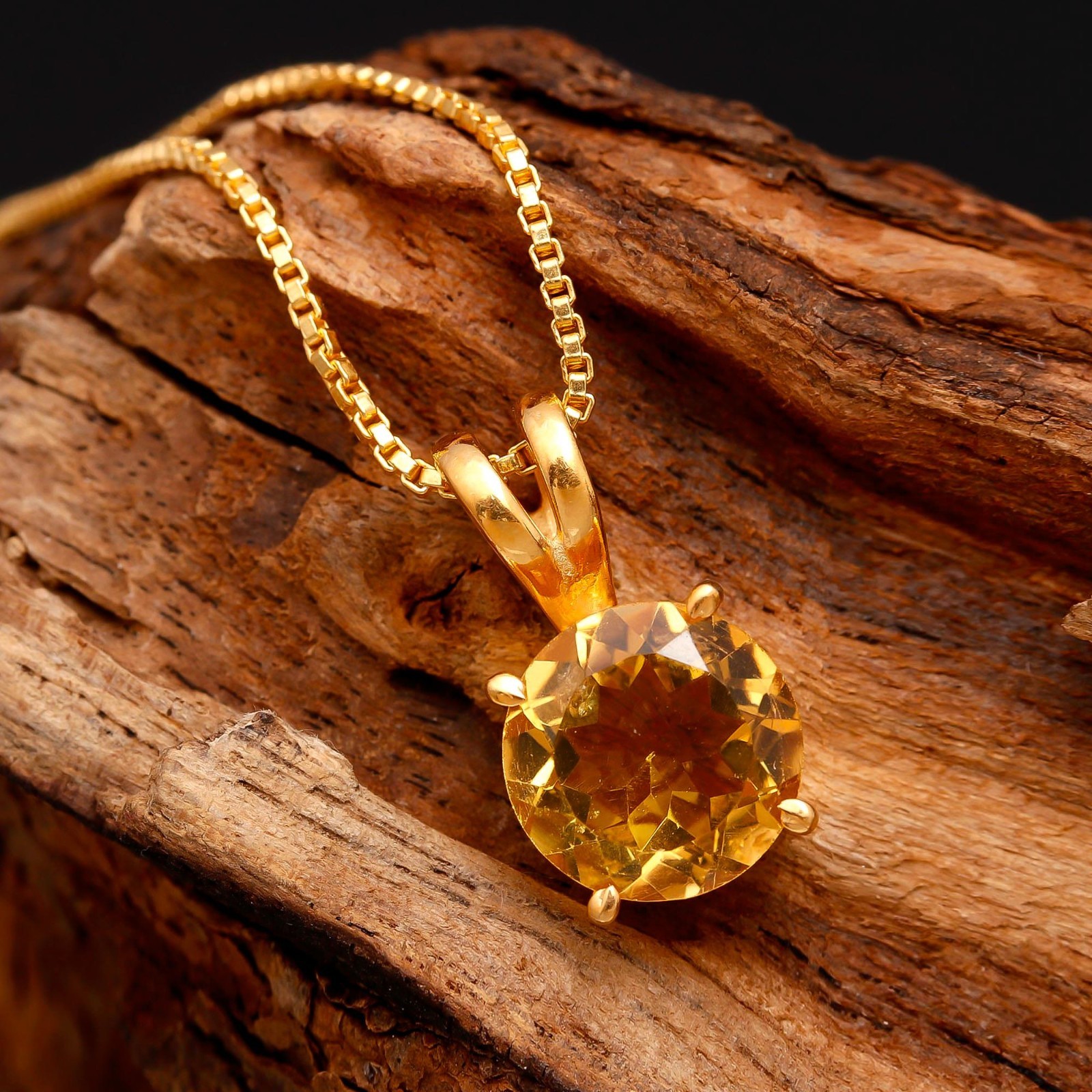 Natural Citrine Quartz Round Chain Pendant Gold Fill 925 Sterling Silver Jewelry