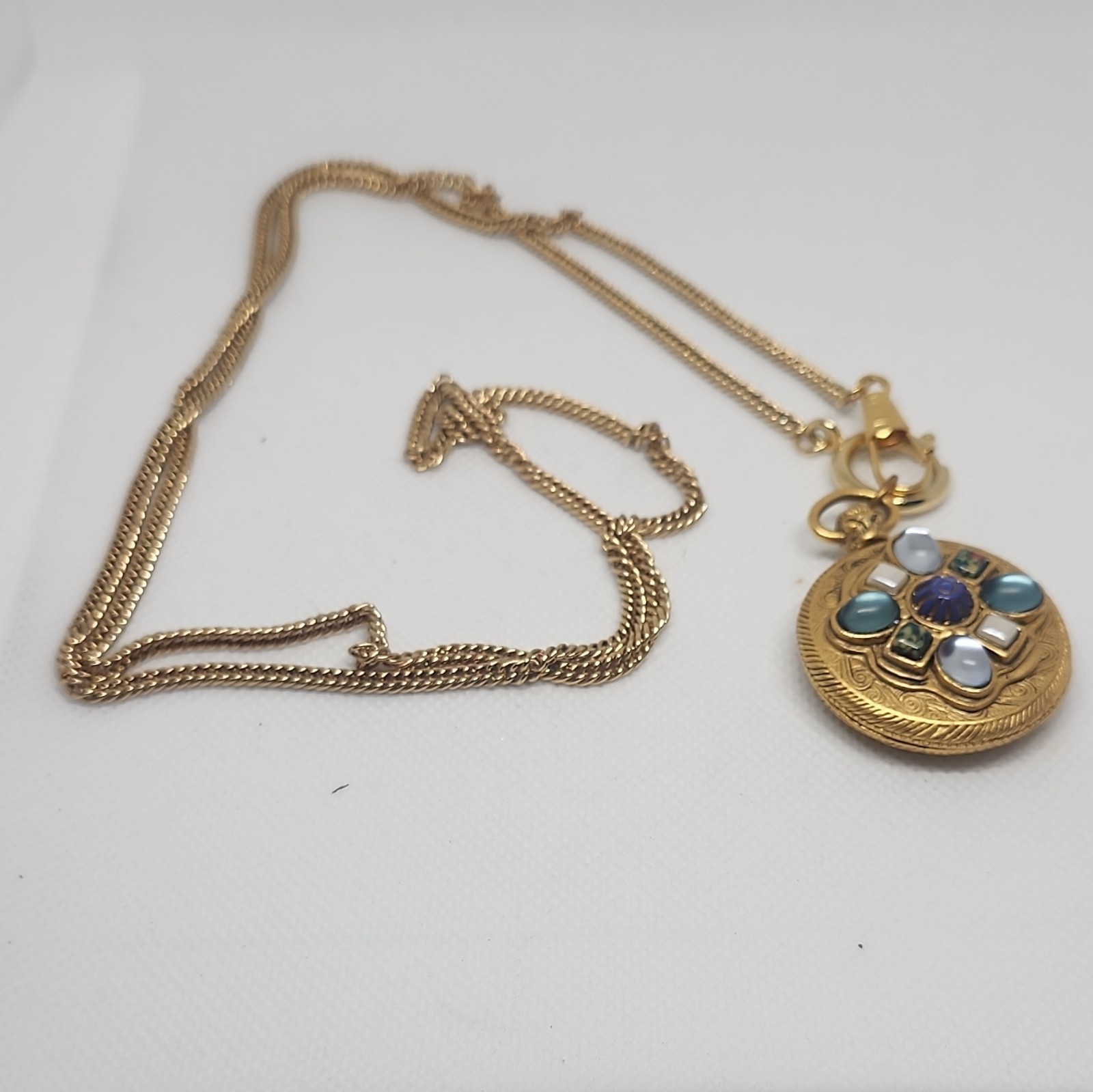 Vtg Gold Tone Round Photo Locket Pendant Necklace Blue Glass Stones Snake Chain