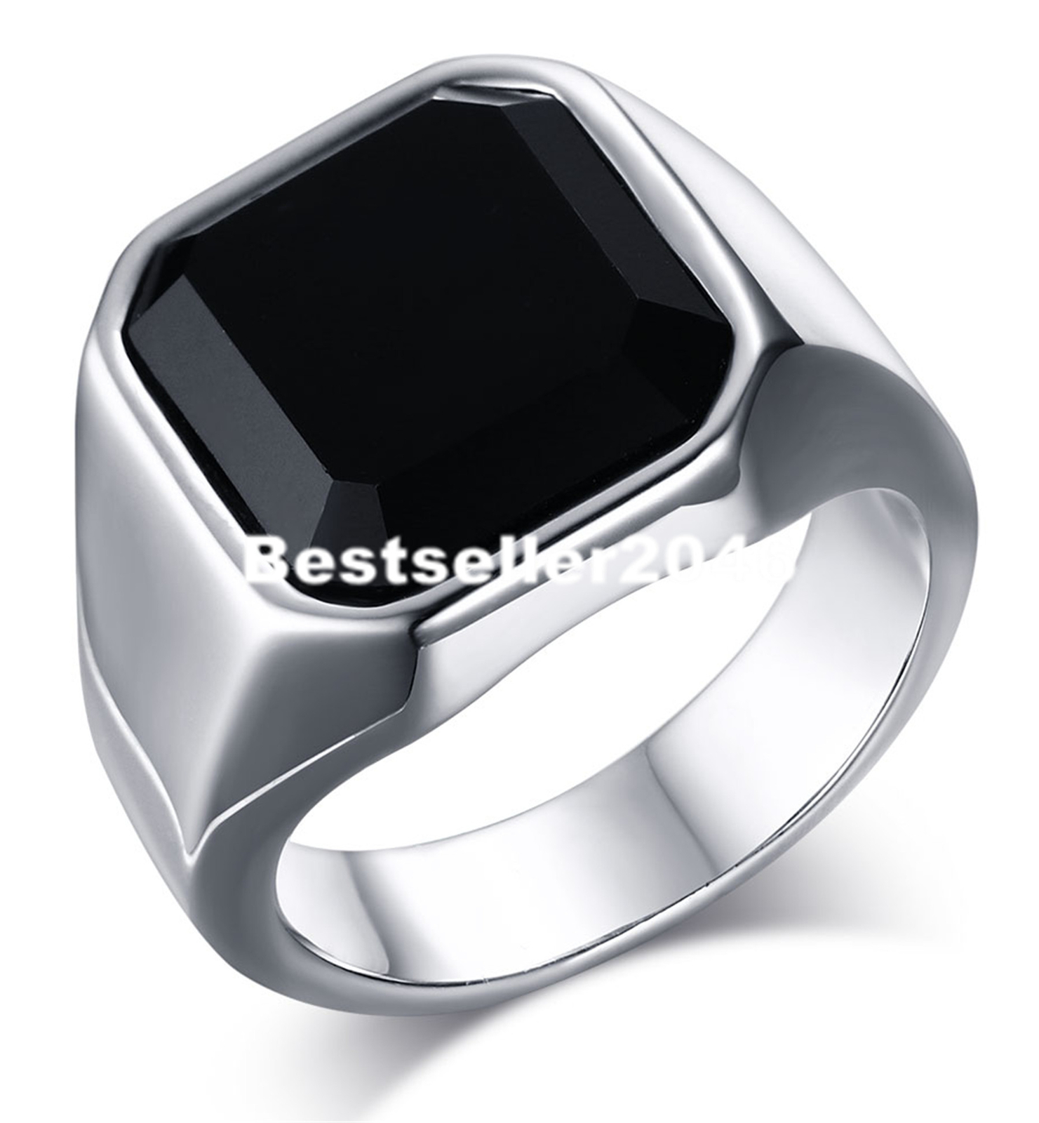 Men’s Stainless Steel Black Glass Signet Promise Ring Wedding Band Size 7-13