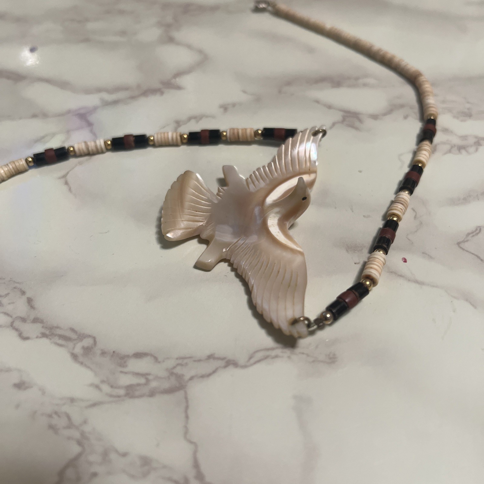 Vintage 16” Inches Native Mother of Pearl Eagle Bird Choker Heishi Necklace