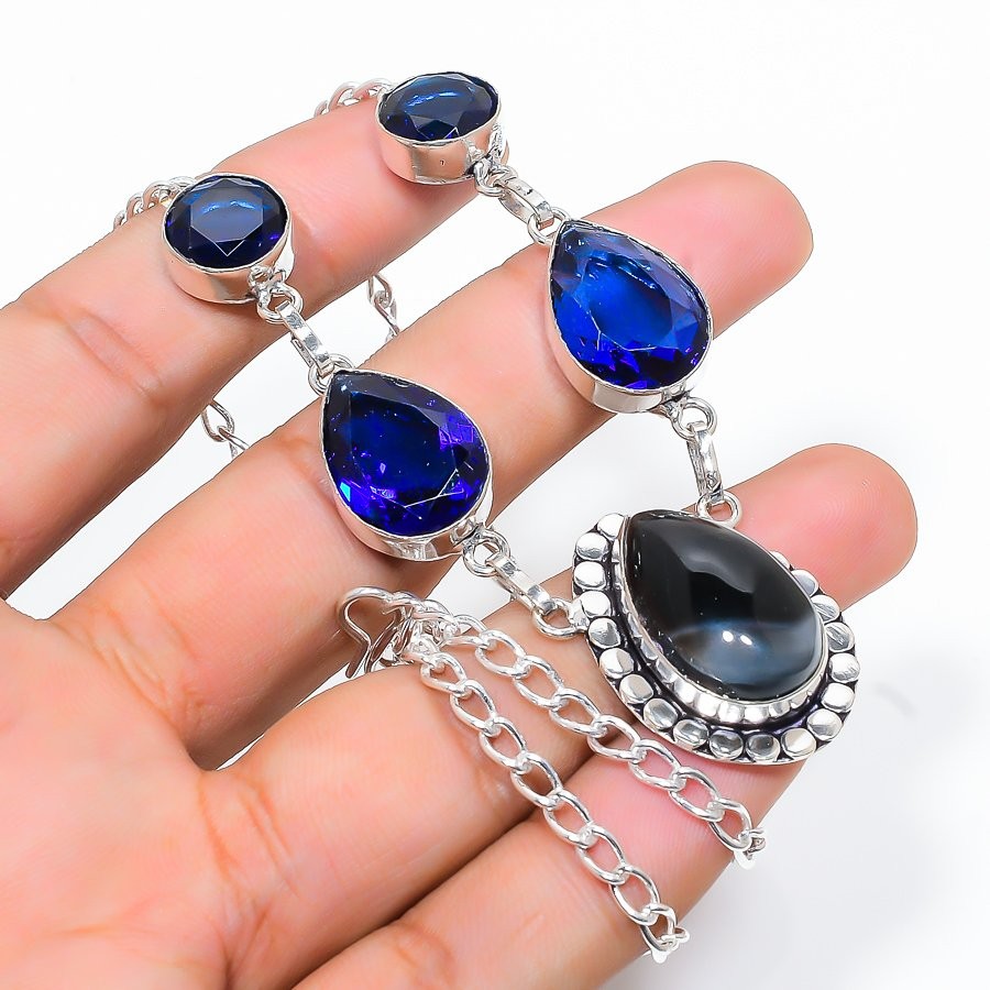 Banded Agate, Topaz Gemstone 925 Sterling Silver Jewelry Necklace 18″ G578